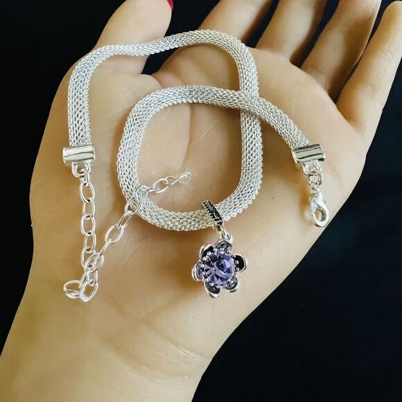 Beautiful Choker Silver Mesh Flower Pendant Purple Stone Fashion Necklace 1078 - Picture 3 of 10
